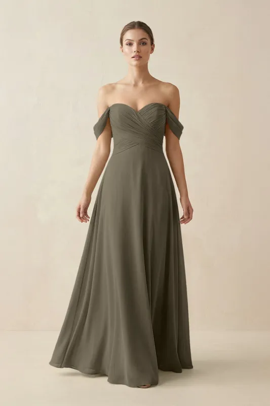 A-Line Off-the-Shoulder Chiffon Bridesmaid Dress in Willow Green made by KissProm