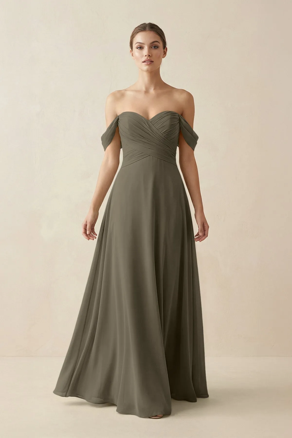 A-Line Off-the-Shoulder Chiffon Bridesmaid Dress in Willow Green sold by KissProm