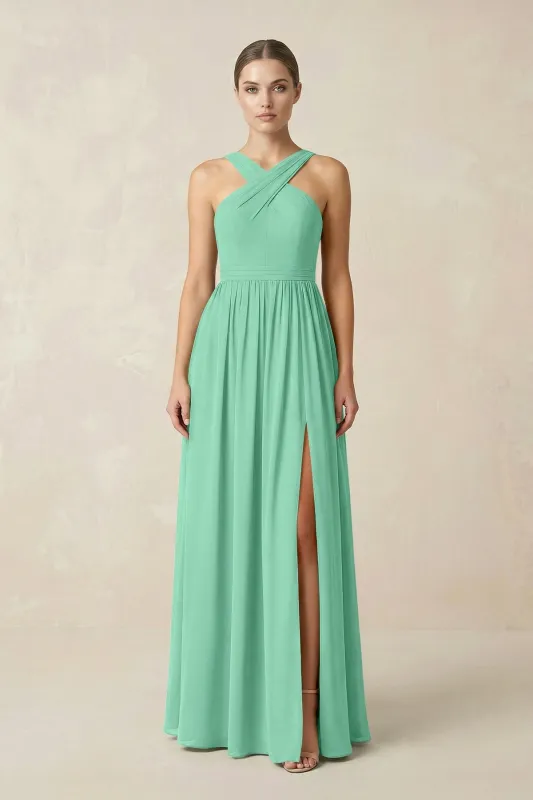 Cross Halter Neck Chiffon A-Line Bridesmaid Dress With Slit in Turquoise made by KissProm