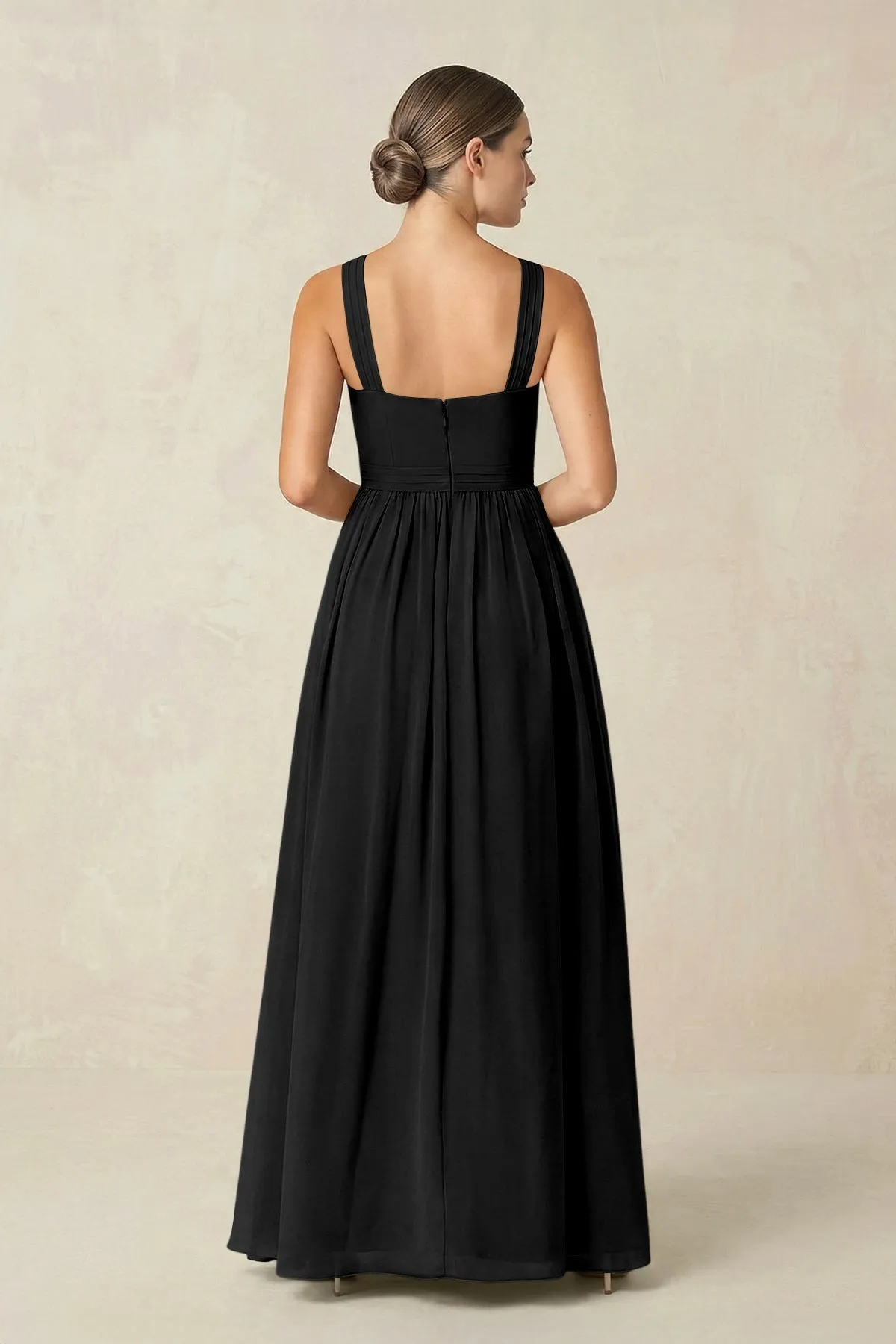 Cross Halter Neck Chiffon A-Line Bridesmaid Dress With Slit in Black sold by KissProm product image thumbnail 2