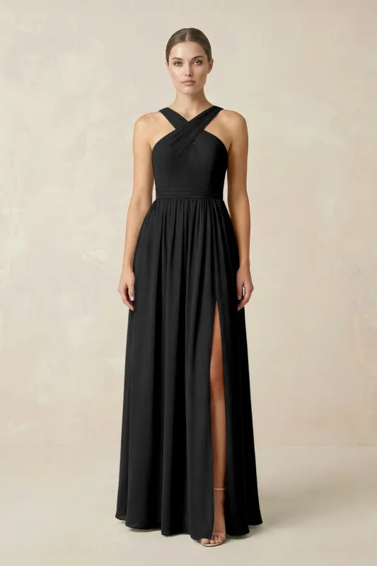 Cross Halter Neck Chiffon A-Line Bridesmaid Dress With Slit in Black made by KissProm