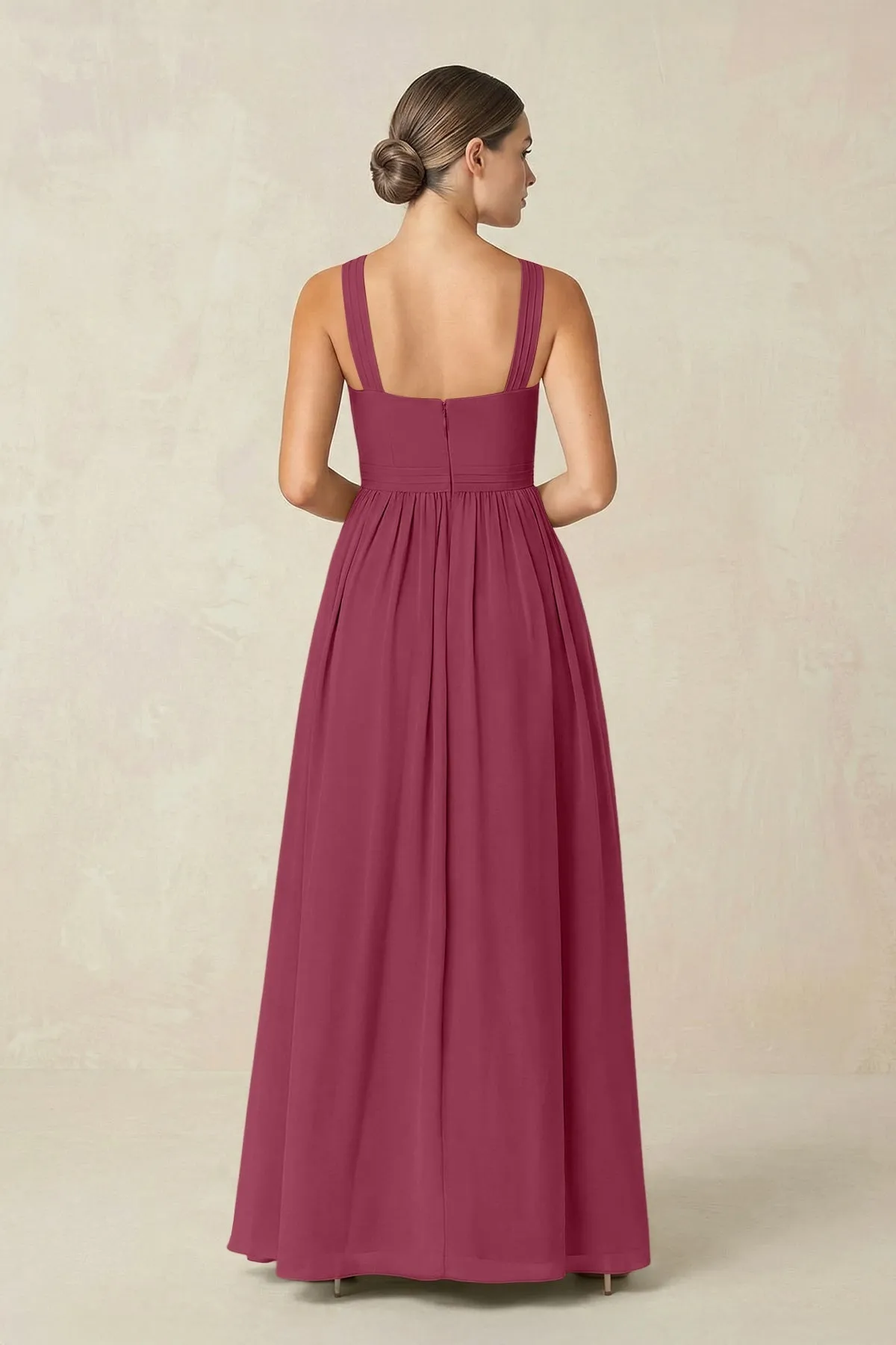Cross Halter Neck Chiffon A-Line Bridesmaid Dress With Slit in Desert Rose sold by KissProm product image thumbnail 2