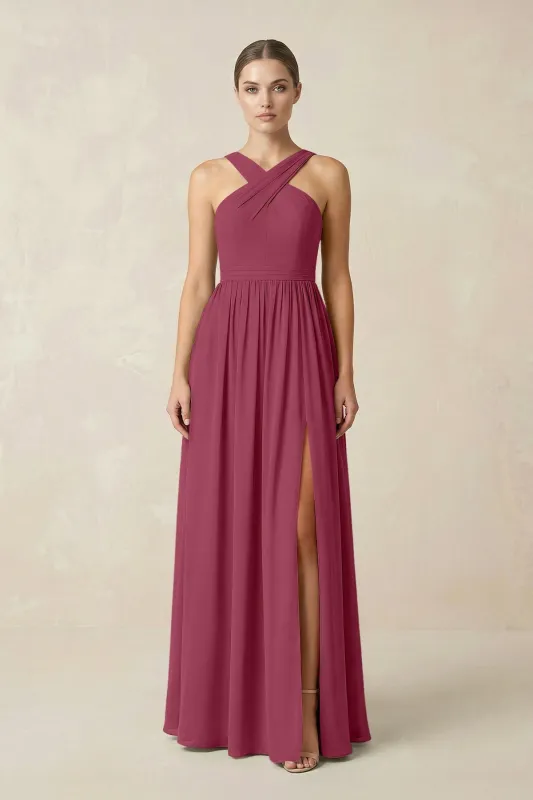 Cross Halter Neck Chiffon A-Line Bridesmaid Dress With Slit in Desert Rose made by KissProm