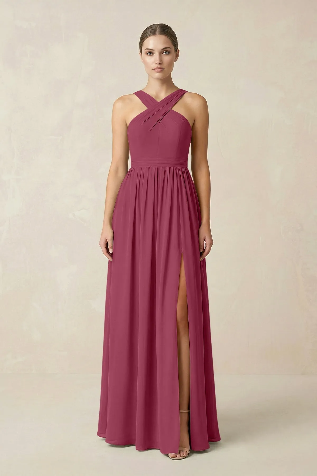 Cross Halter Neck Chiffon A-Line Bridesmaid Dress With Slit in Desert Rose sold by KissProm