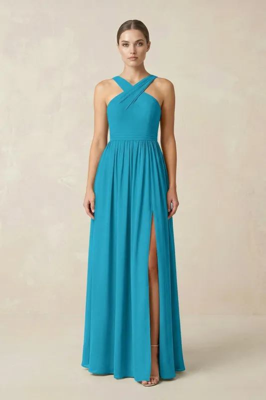 Cross Halter Neck Chiffon A-Line Bridesmaid Dress With Slit in Blue Jay made by KissProm
