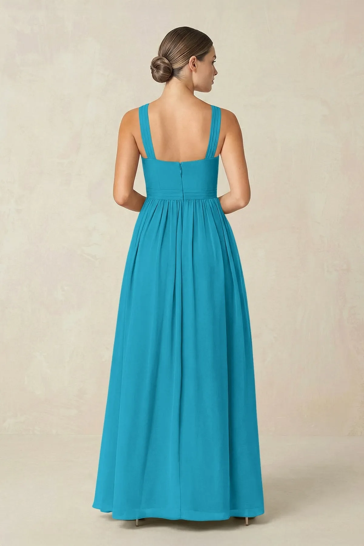 Cross Halter Neck Chiffon A-Line Bridesmaid Dress With Slit in Blue Jay sold by KissProm product image thumbnail 2
