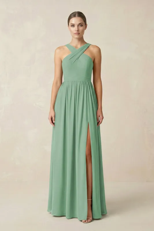 Cross Halter Neck Chiffon A-Line Bridesmaid Dress With Slit in Sea Glass made by KissProm
