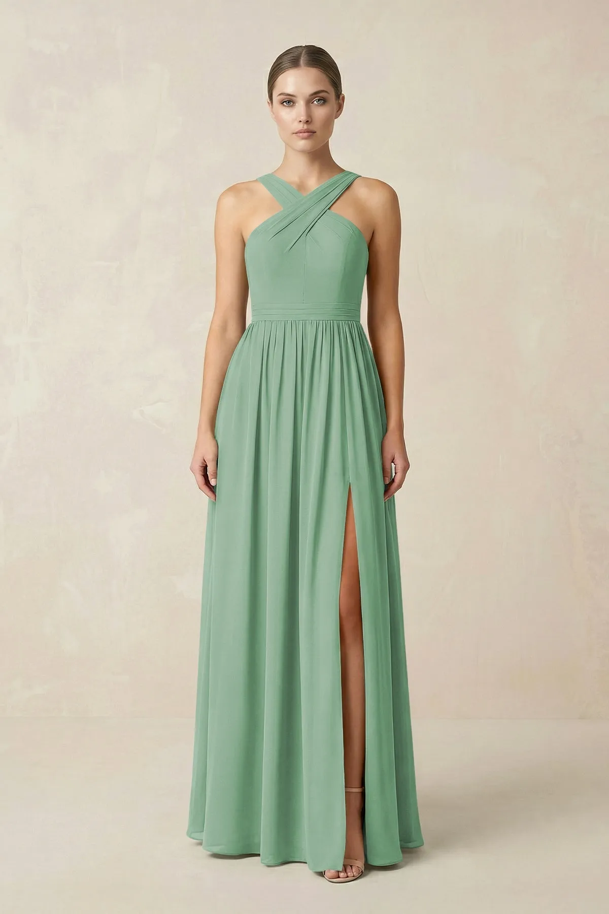 Cross Halter Neck Chiffon A-Line Bridesmaid Dress With Slit in Sea Glass sold by KissProm
