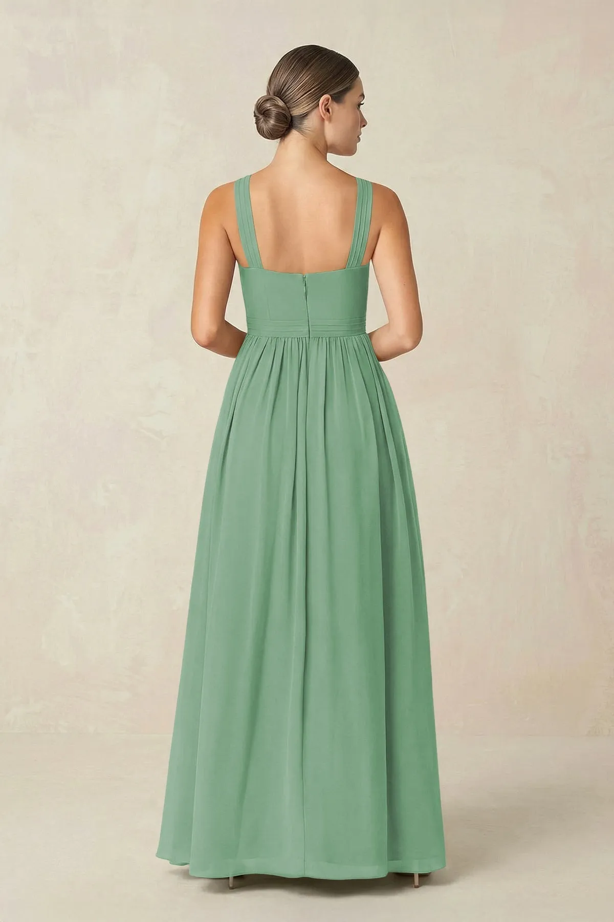 Cross Halter Neck Chiffon A-Line Bridesmaid Dress With Slit in Sea Glass sold by KissProm product image thumbnail 2