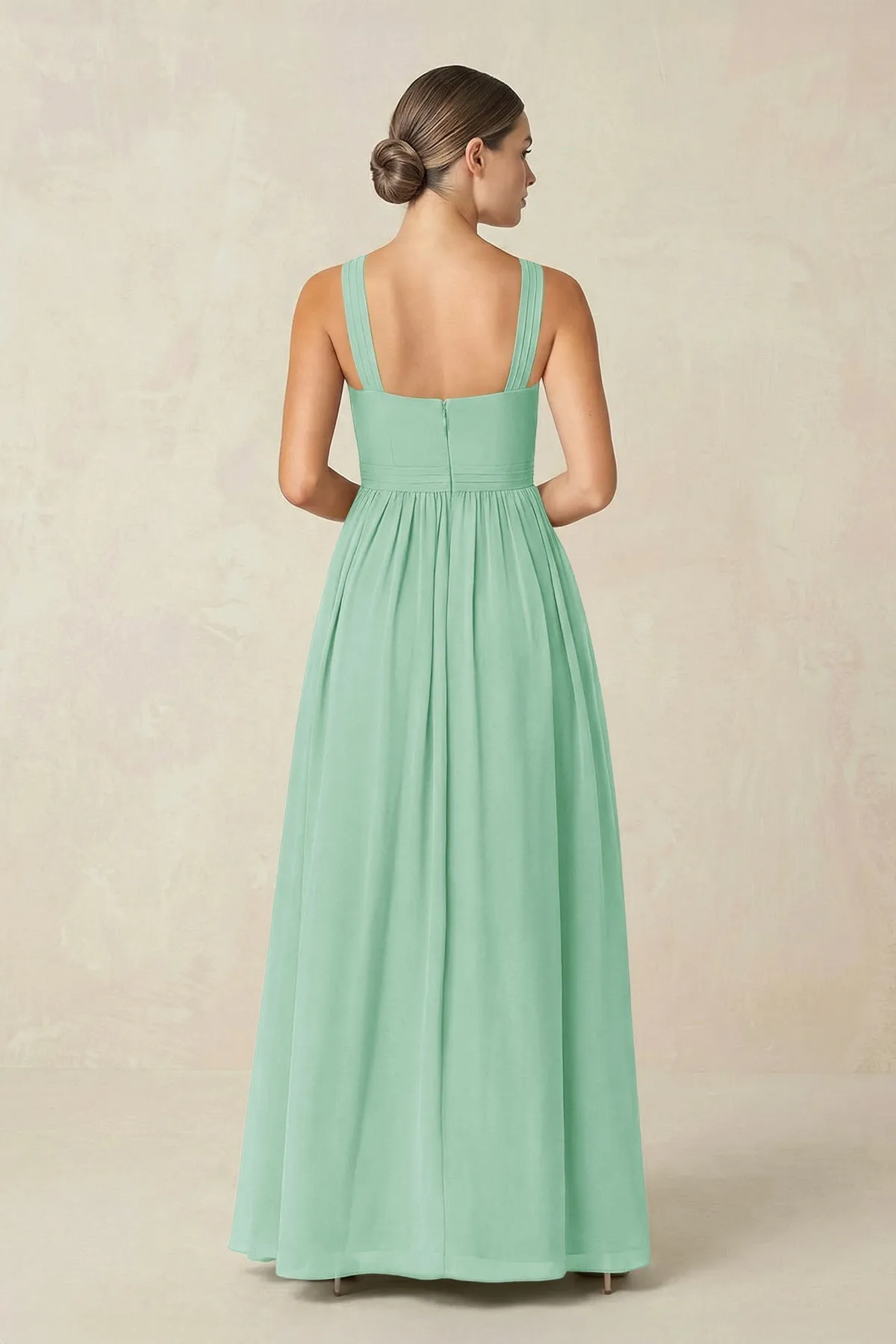 Cross Halter Neck Chiffon A-Line Bridesmaid Dress With Slit in Pale Pistachio sold by KissProm product image thumbnail 2