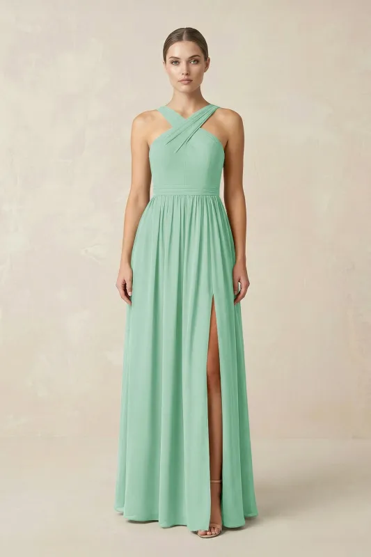 Cross Halter Neck Chiffon A-Line Bridesmaid Dress With Slit in Pale Pistachio made by KissProm