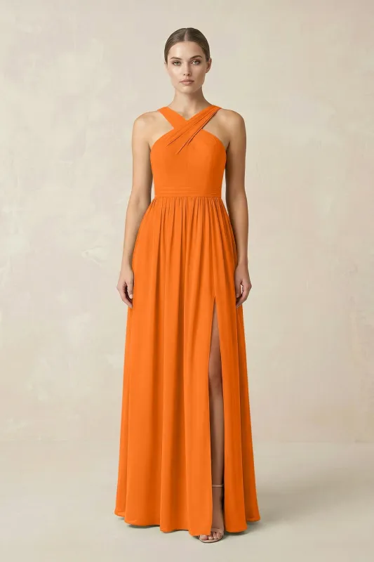 Cross Halter Neck Chiffon A-Line Bridesmaid Dress With Slit in Cinnamon made by KissProm