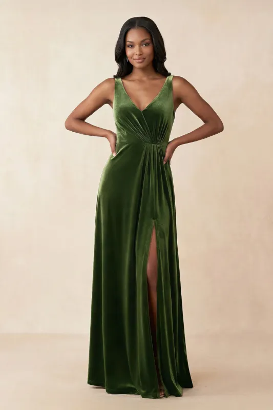 V-Neck Ruched A-Line Velvet Bridesmaid Dress in Olive made by KissProm