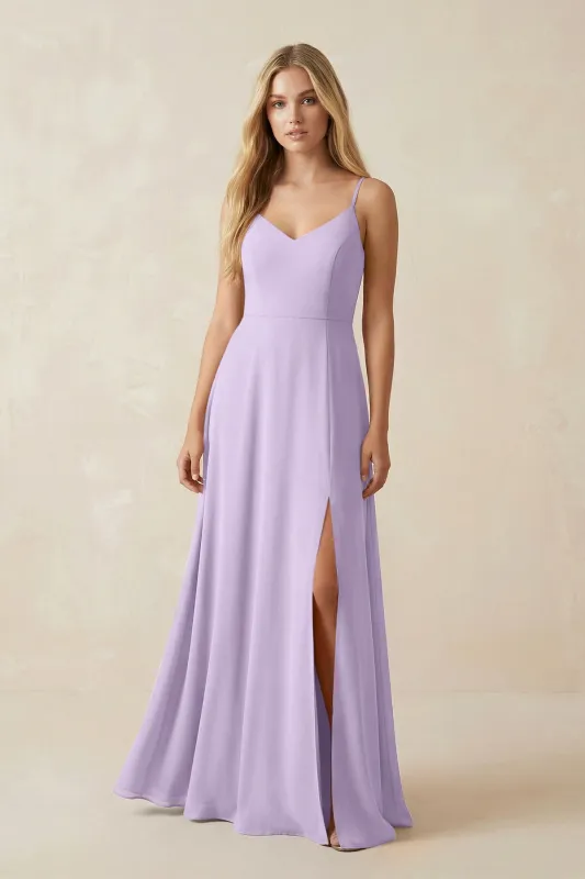 Cami Strap A-Line Chiffon Bridesmaid Dress with Slit in Lavender made by KissProm