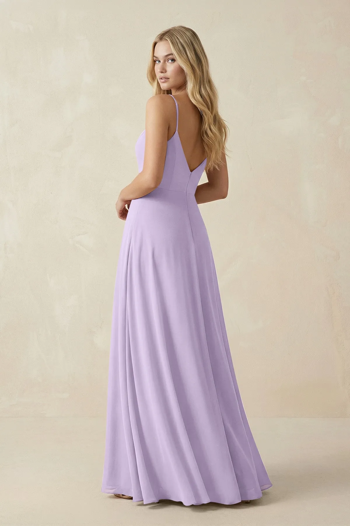 Cami Strap A-Line Chiffon Bridesmaid Dress with Slit in Lavender sold by KissProm product image thumbnail 2