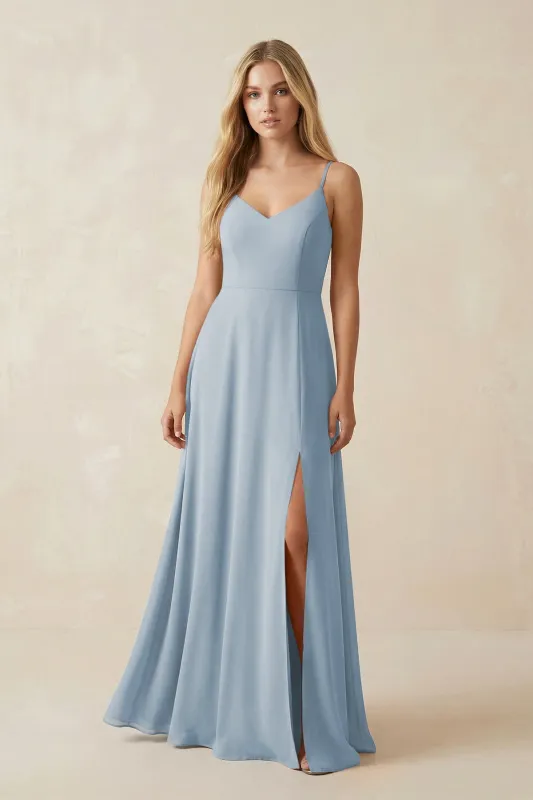Cami Strap A-Line Chiffon Bridesmaid Dress with Slit in Dusty Blue made by KissProm