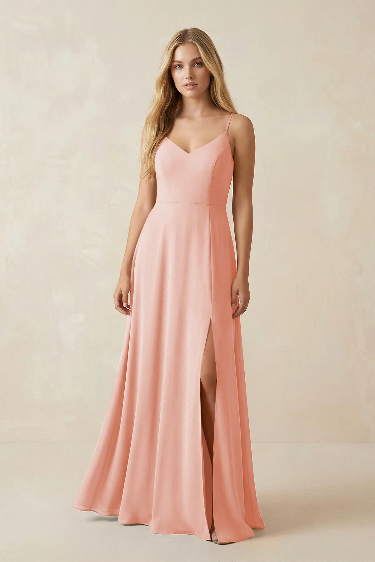 Cami Strap A-Line Chiffon Bridesmaid Dress with Slit in Rose Petal sold by KissProm
