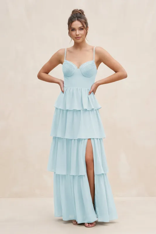 Cami Strap Tiered A-Line Chiffon Bridesmaid Dress in Sky Blue made by KissProm