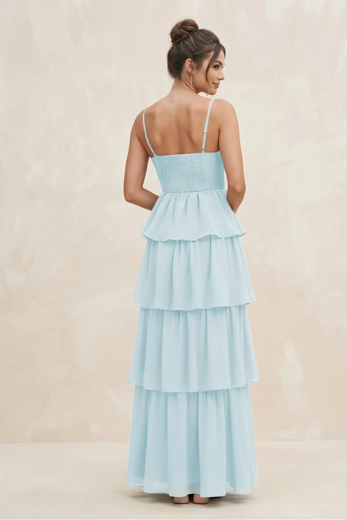 Cami Strap Tiered A-Line Chiffon Bridesmaid Dress in Sky Blue sold by KissProm product image thumbnail 2