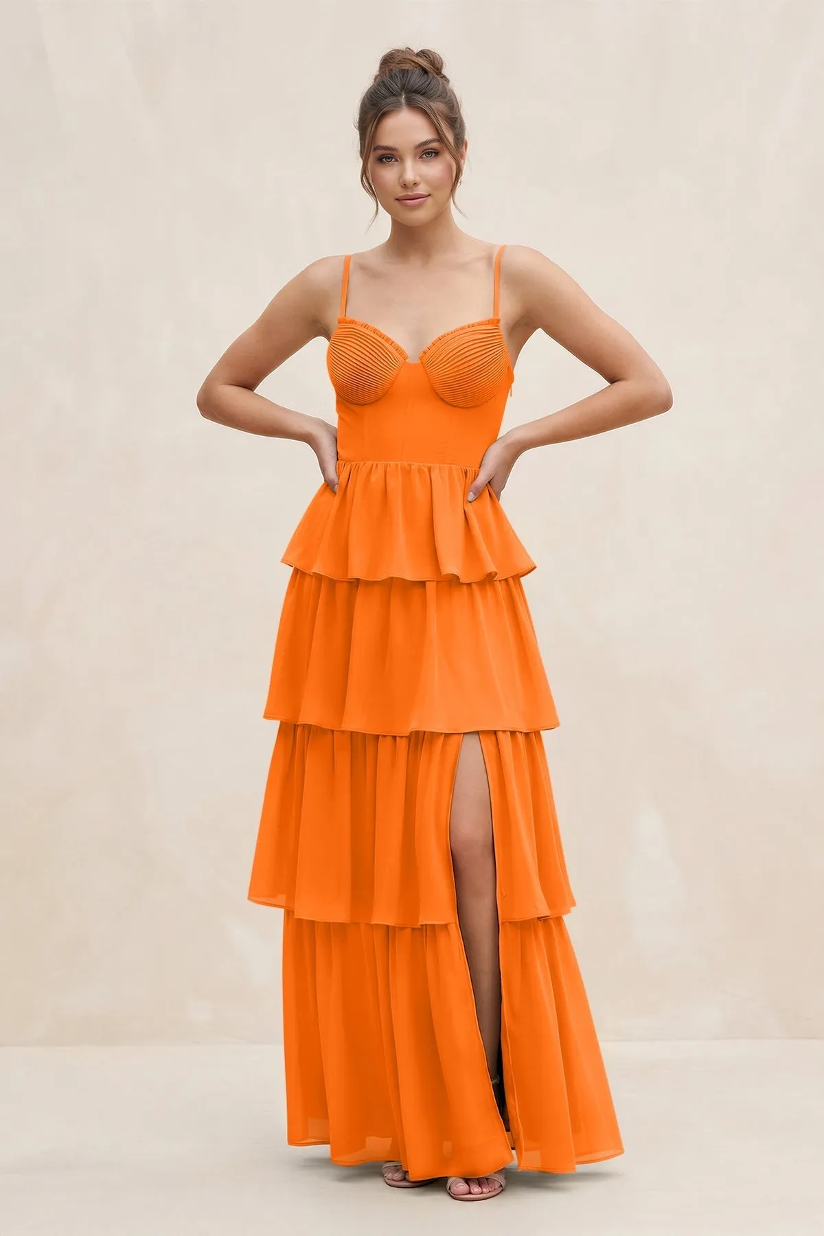 Cami Strap Tiered A-Line Chiffon Bridesmaid Dress in Cinnamon sold by KissProm