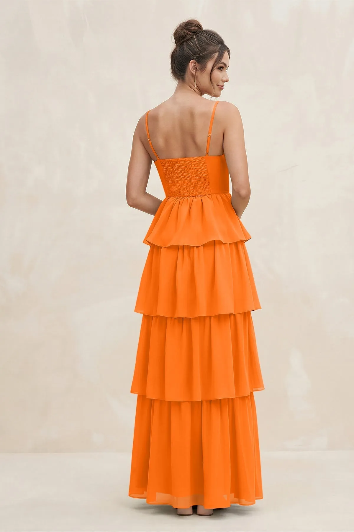Cami Strap Tiered A-Line Chiffon Bridesmaid Dress in Cinnamon sold by KissProm product image thumbnail 2