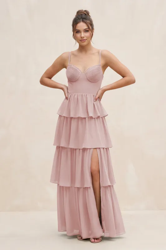 Cami Strap Tiered A-Line Chiffon Bridesmaid Dress in Dusty Rose made by KissProm