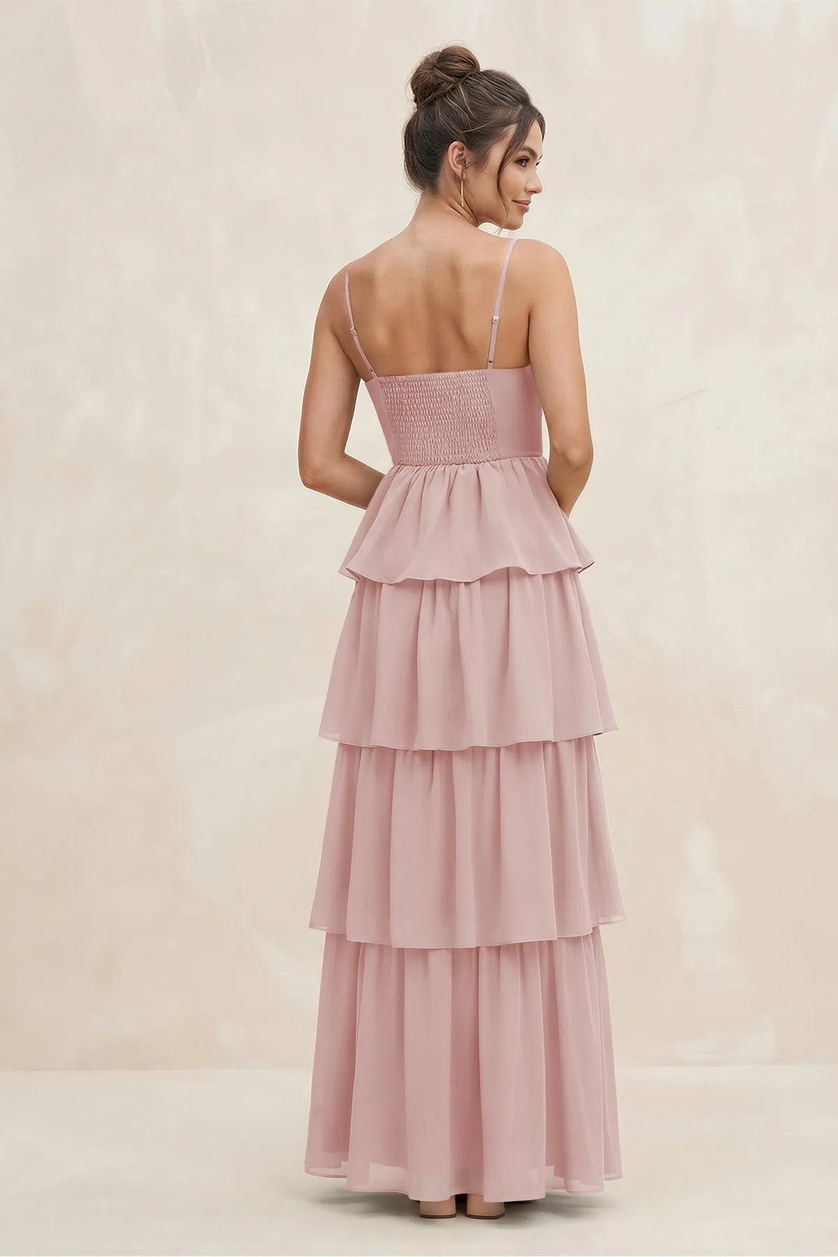 Cami Strap Tiered A-Line Chiffon Bridesmaid Dress in Dusty Rose sold by KissProm product image thumbnail 2