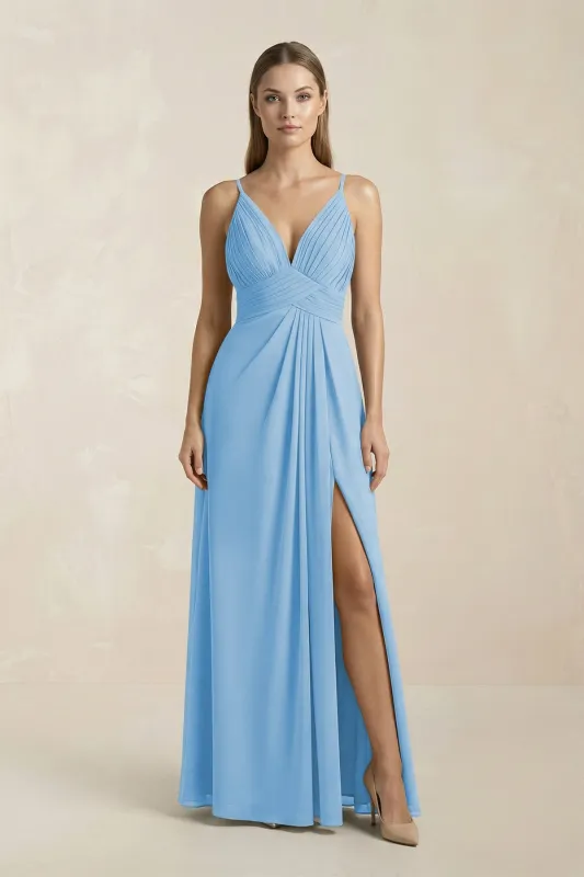 V-Neck A-Line Pleated Chiffon Bridesmaid Dress in Steel Blue made by KissProm