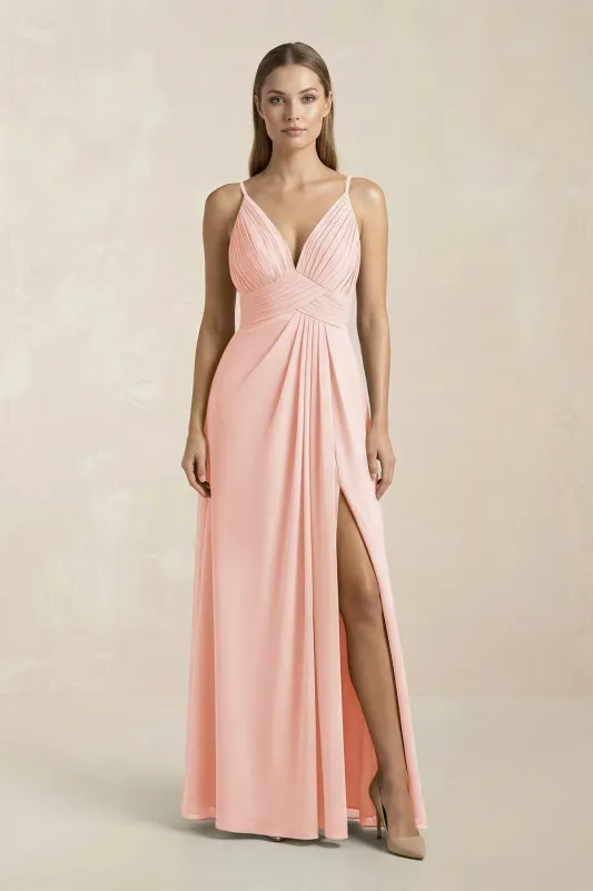 V-Neck A-Line Pleated Chiffon Bridesmaid Dress in Rose Petal made by KissProm