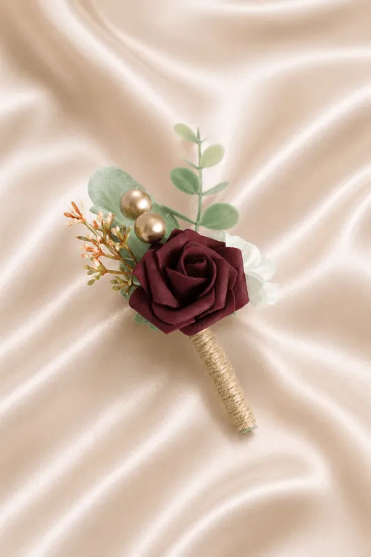 Silk Roses Artificial Wedding Bridesmaid Boutonniere in Burgundy made by KissProm