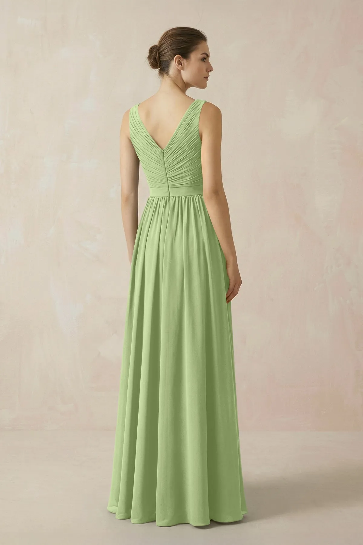 A-Line V-Neck Pleated Chiffon Bridesmaid Dress in Matcha sold by KissProm product image thumbnail 2