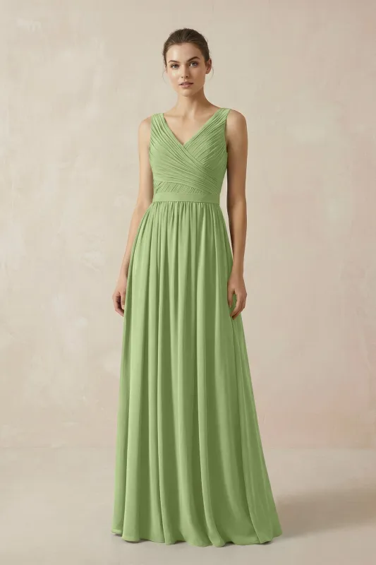 A-Line V-Neck Pleated Chiffon Bridesmaid Dress in Matcha made by KissProm
