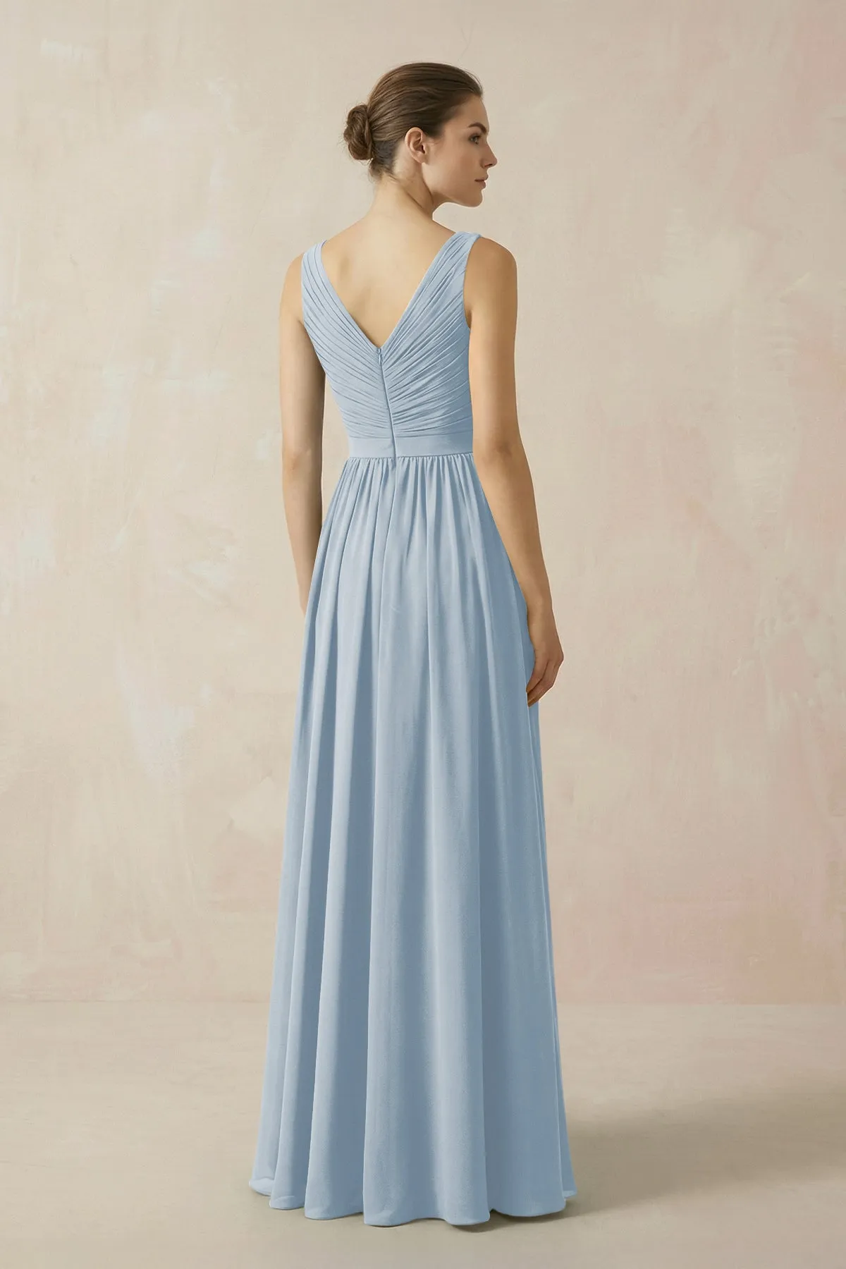 A-Line V-Neck Pleated Chiffon Bridesmaid Dress in Dusty Blue sold by KissProm product image thumbnail 2