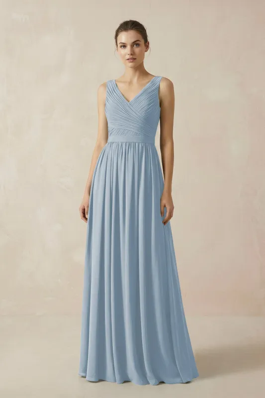 A-Line V-Neck Pleated Chiffon Bridesmaid Dress in Dusty Blue made by KissProm