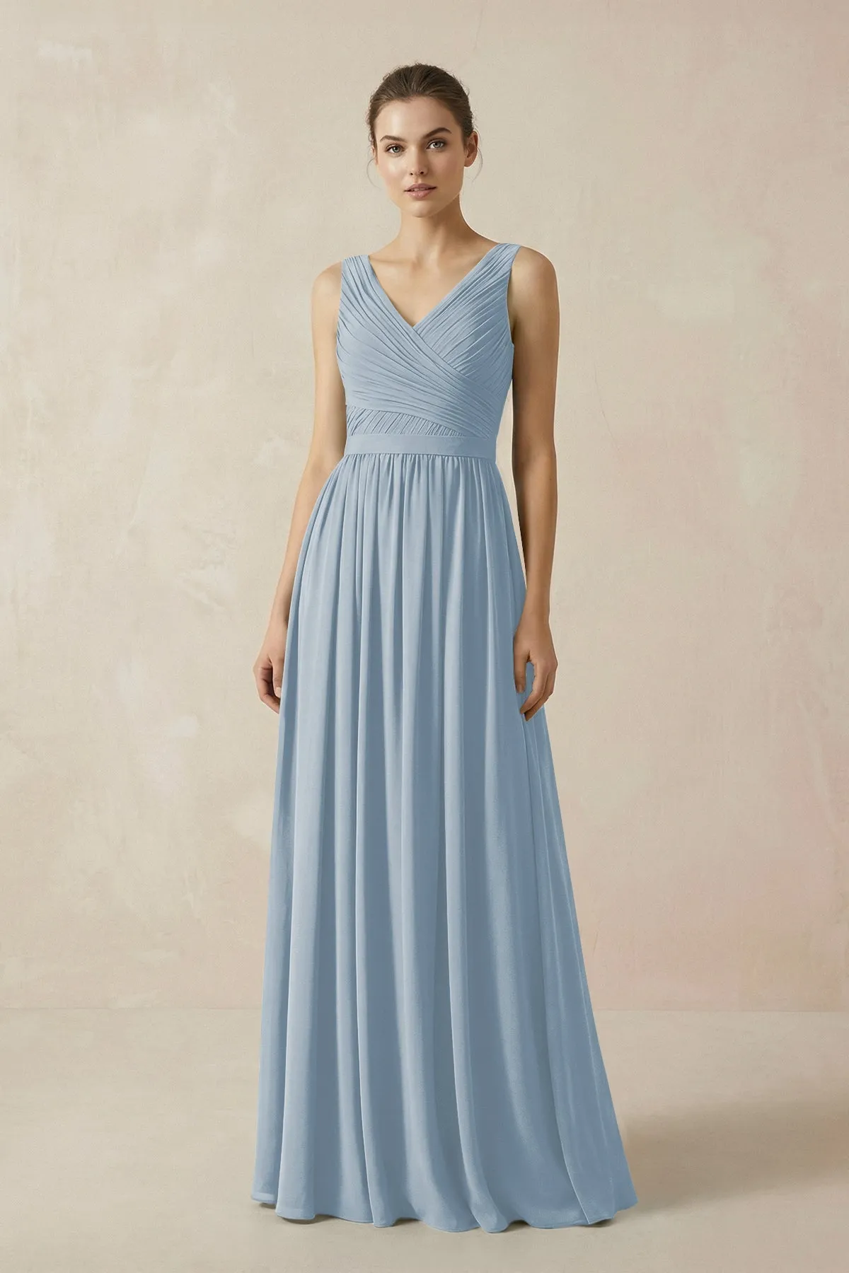 A-Line V-Neck Pleated Chiffon Bridesmaid Dress in Dusty Blue sold by KissProm