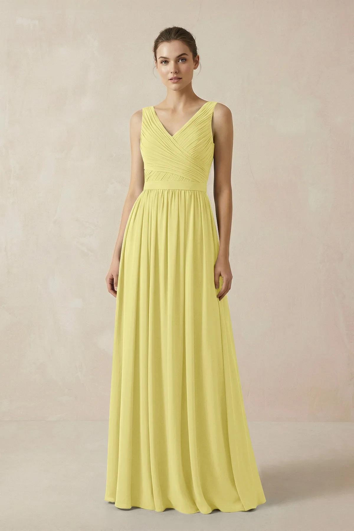 A-Line V-Neck Pleated Chiffon Bridesmaid Dress in Buttercup sold by KissProm