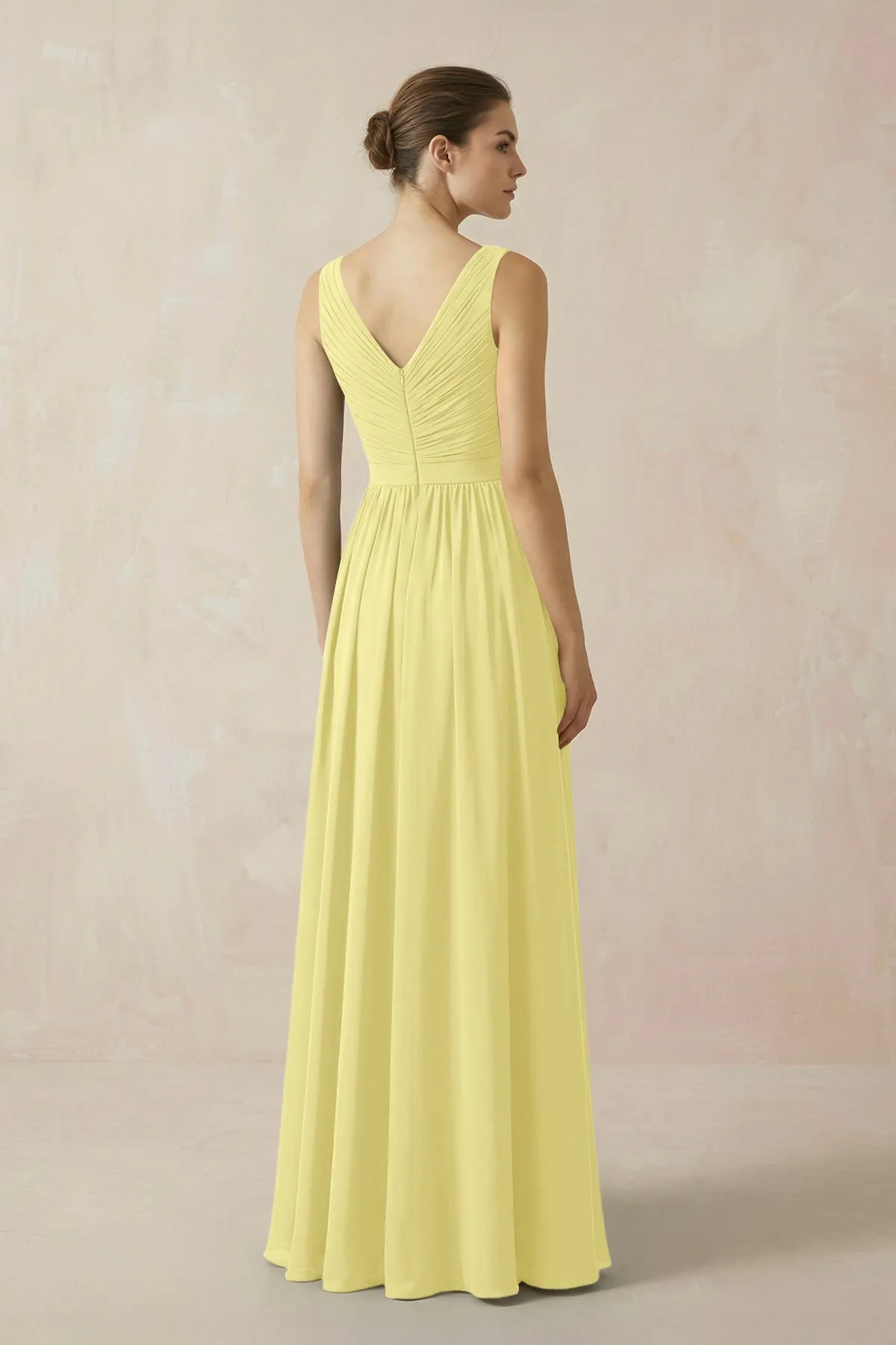 A-Line V-Neck Pleated Chiffon Bridesmaid Dress in Buttercup sold by KissProm product image thumbnail 2