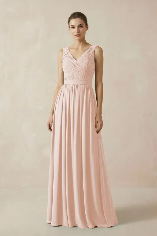 A-Line V-Neck Pleated Chiffon Bridesmaid Dress in Pale Blush made by KissProm