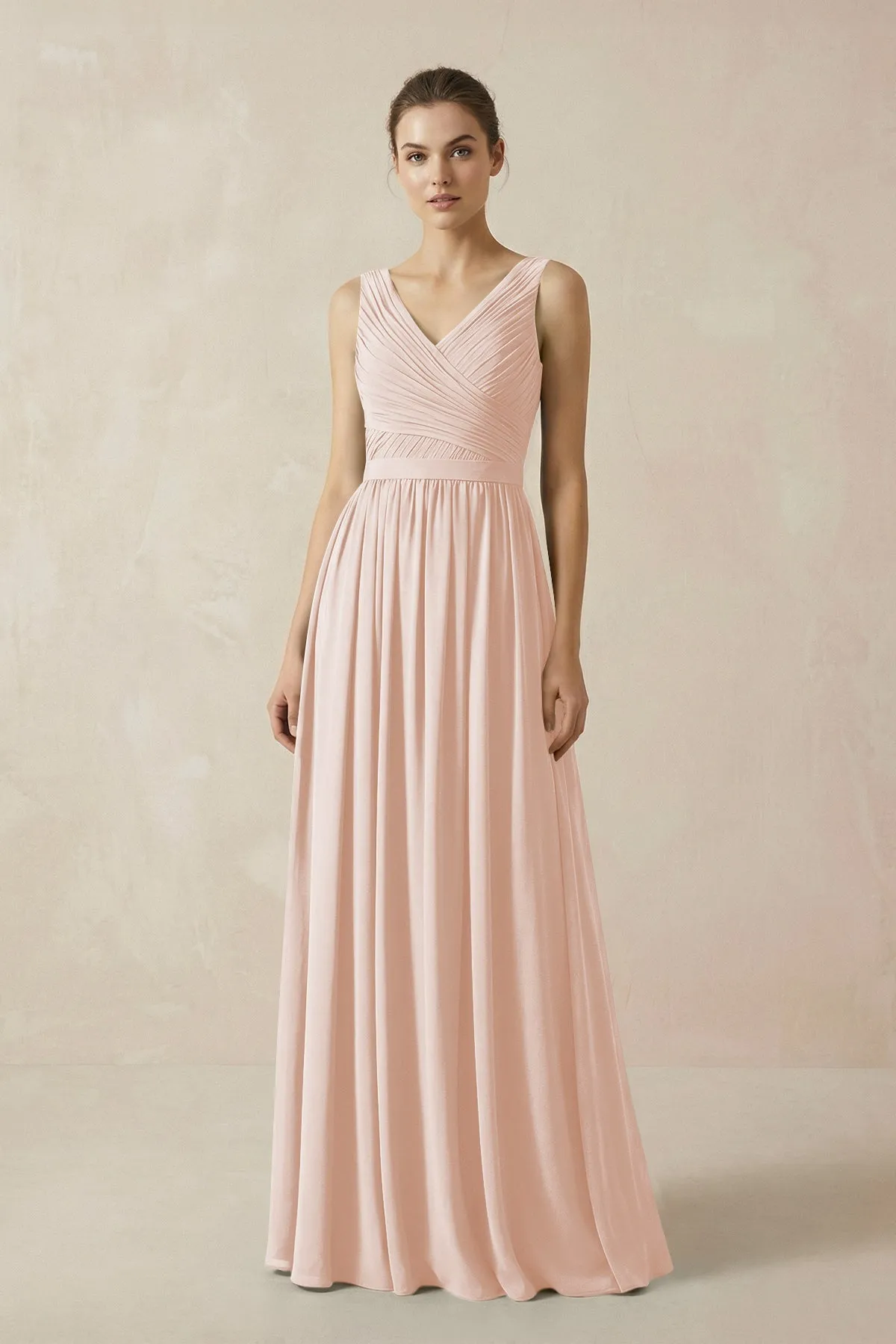 A-Line V-Neck Pleated Chiffon Bridesmaid Dress in Pale Blush sold by KissProm