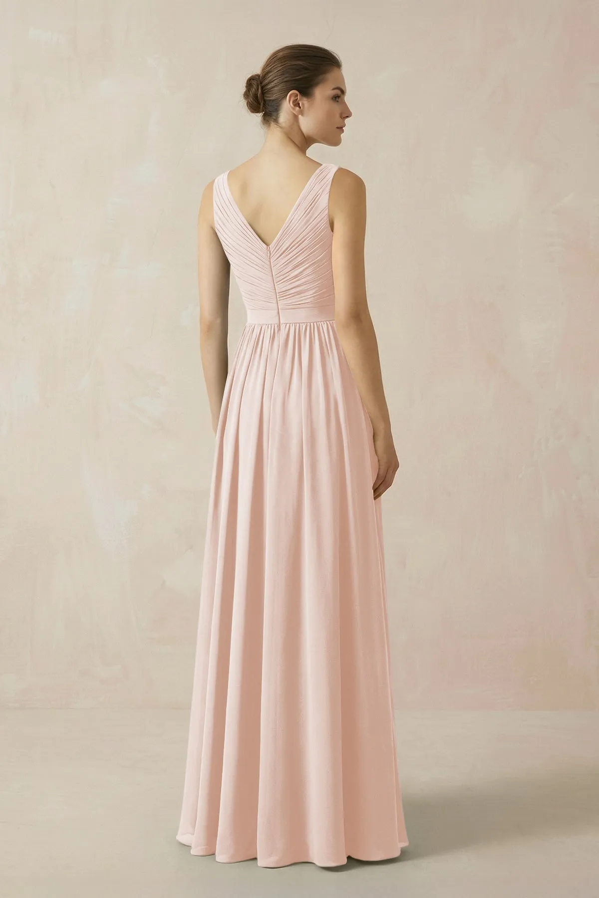 A-Line V-Neck Pleated Chiffon Bridesmaid Dress in Pale Blush sold by KissProm product image thumbnail 2