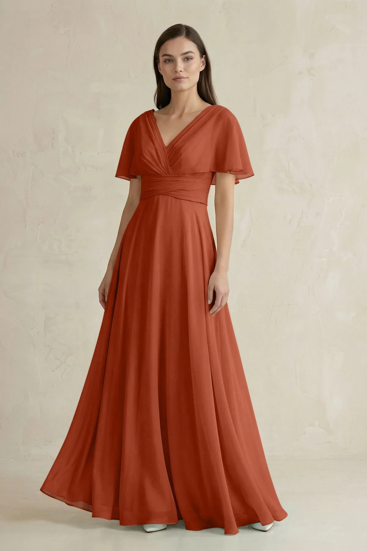 V-Neck Ruffled Sleeve A-Line Chiffon Bridesmaid Dress in Spice sold by KissProm
