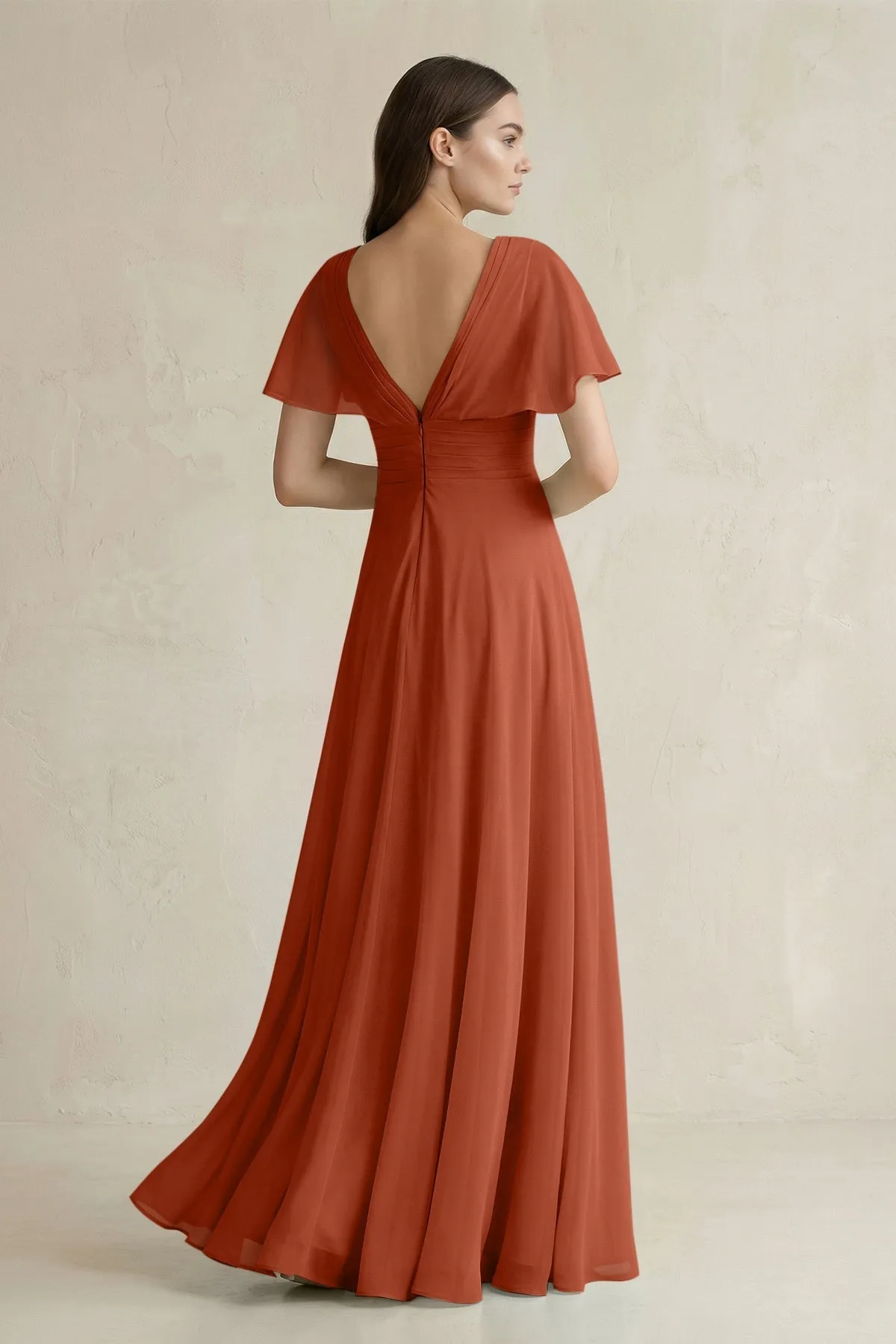 V-Neck Ruffled Sleeve A-Line Chiffon Bridesmaid Dress in Spice sold by KissProm product image thumbnail 2