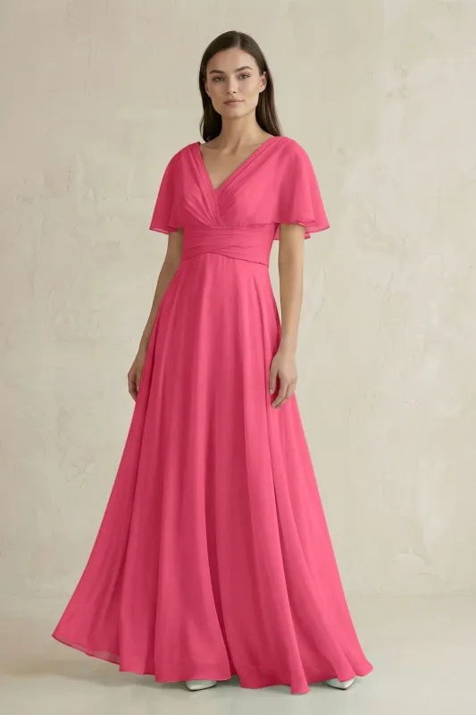 V-Neck Ruffled Sleeve A-Line Chiffon Bridesmaid Dress in Fuchsia made by KissProm