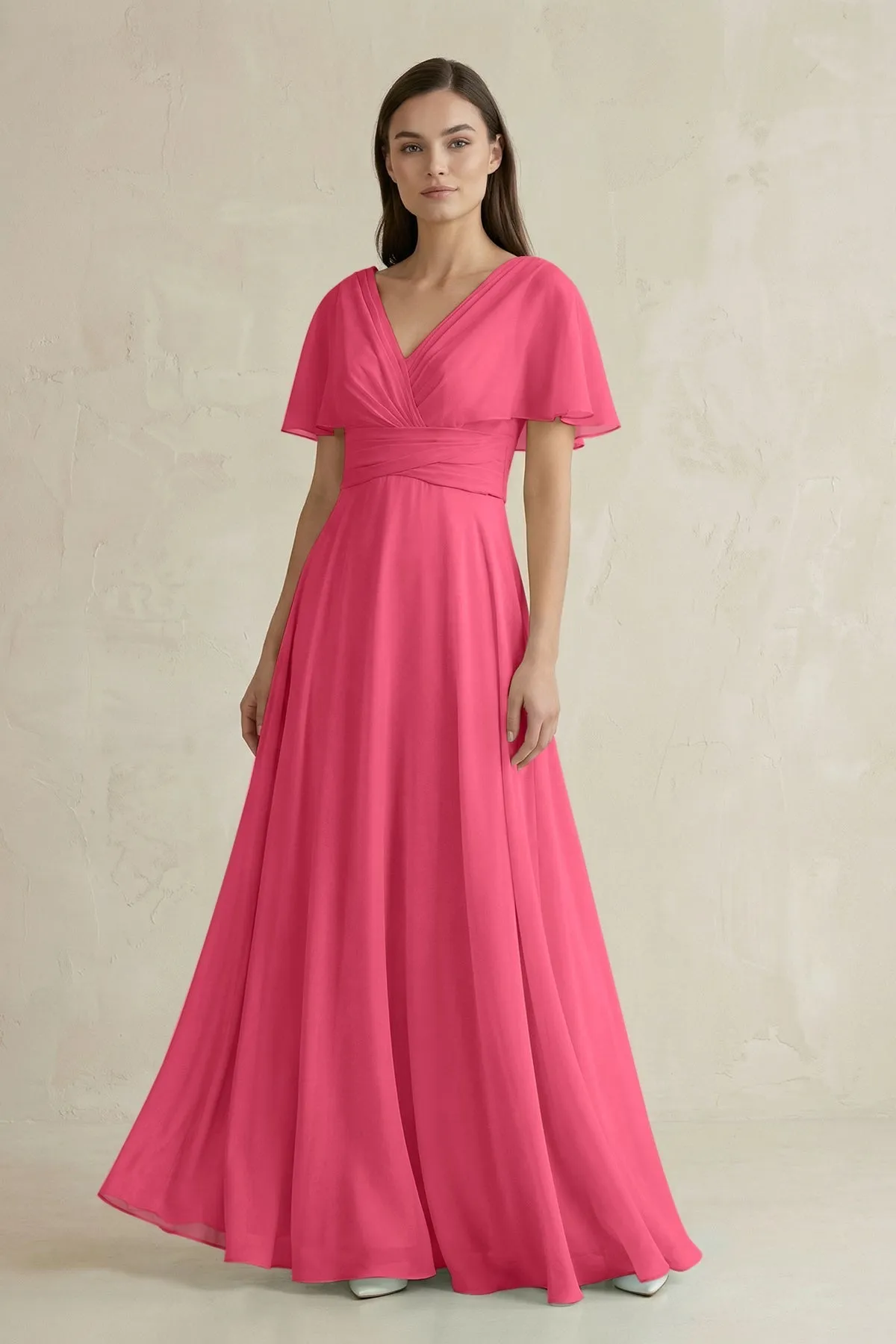 V-Neck Ruffled Sleeve A-Line Chiffon Bridesmaid Dress in Fuchsia sold by KissProm