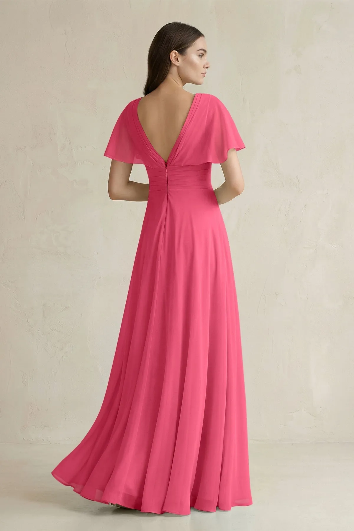 V-Neck Ruffled Sleeve A-Line Chiffon Bridesmaid Dress in Fuchsia sold by KissProm product image thumbnail 2