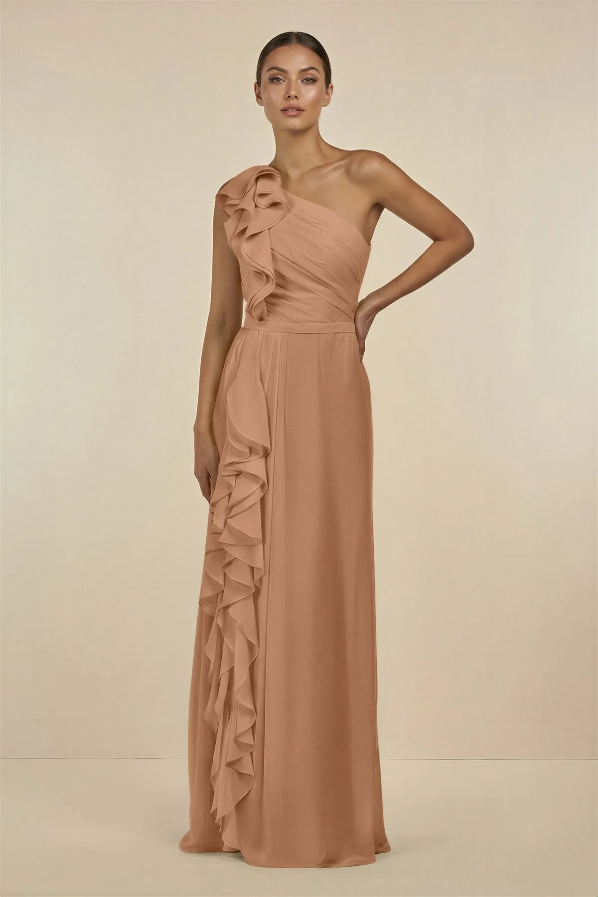 Ruffled One-Shoulder Pleated Sheath Bridesmaid Dress in Bronzer sold by KissProm