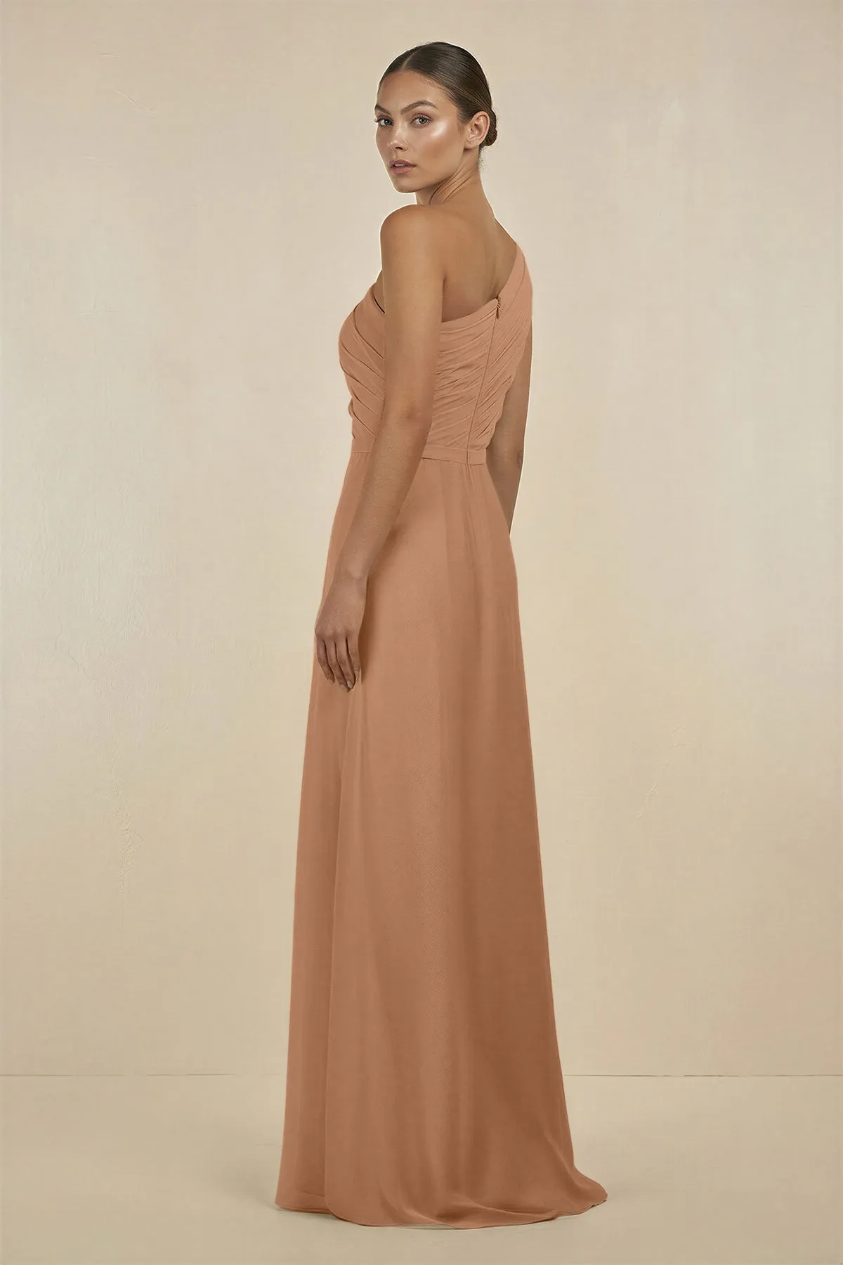 Ruffled One-Shoulder Pleated Sheath Bridesmaid Dress in Bronzer sold by KissProm product image thumbnail 2