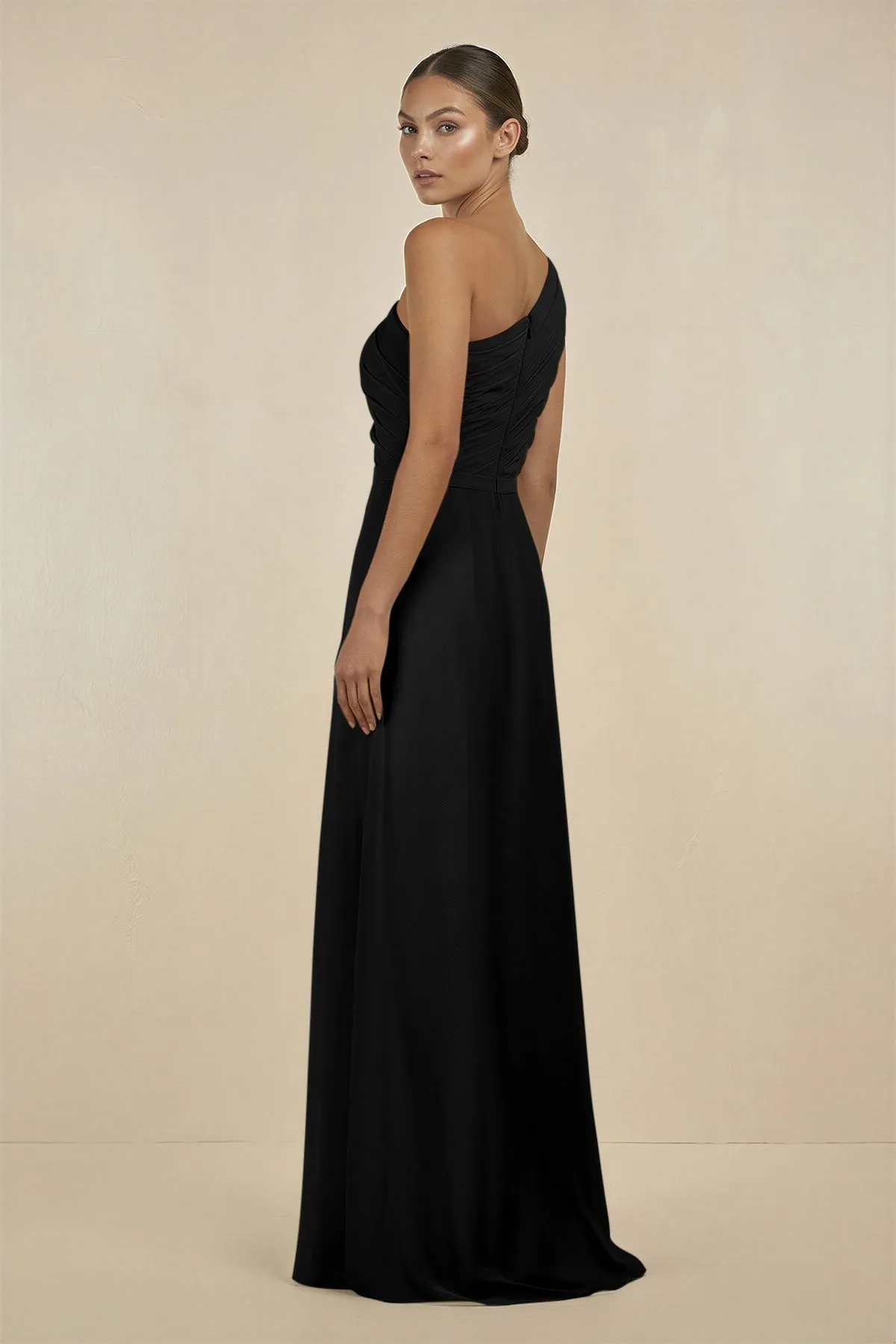 Ruffled One-Shoulder Pleated Sheath Bridesmaid Dress in Black sold by KissProm product image thumbnail 2
