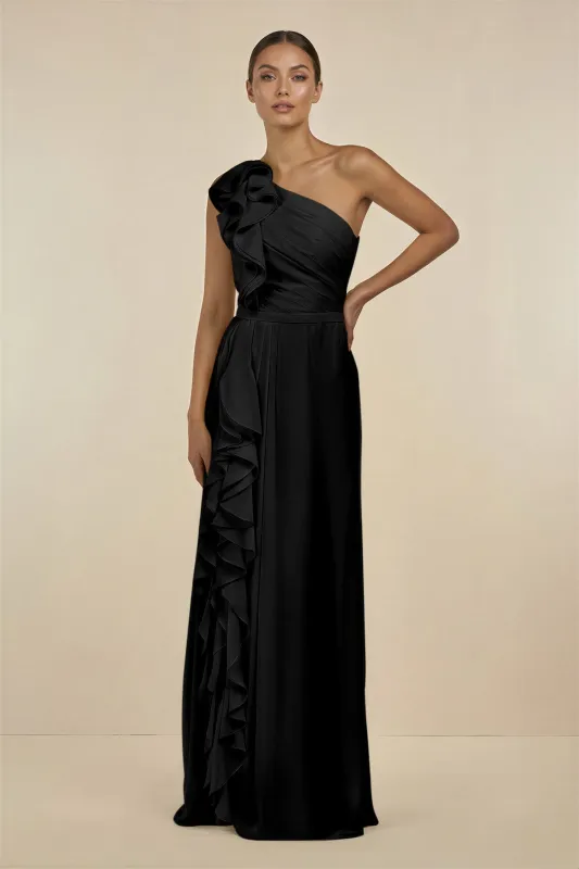 Ruffled One-Shoulder Pleated Sheath Bridesmaid Dress in Black made by KissProm