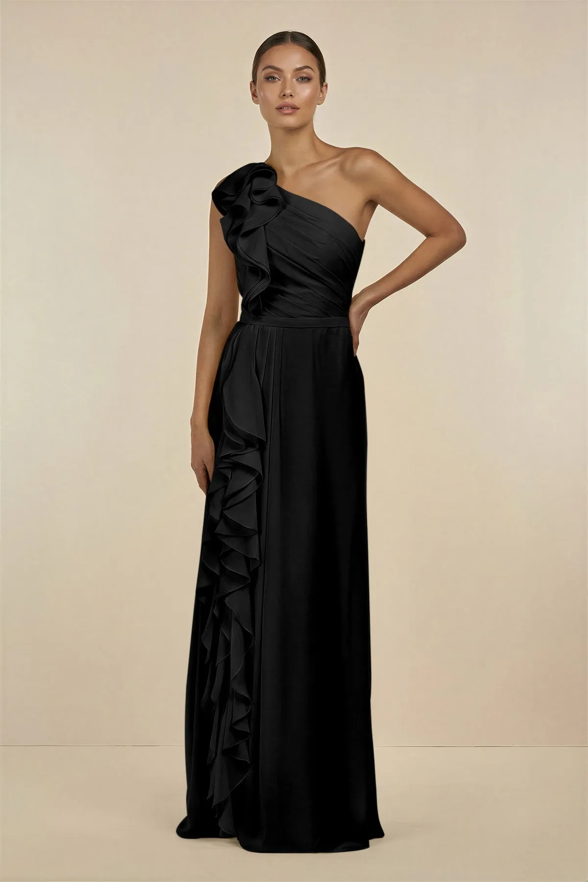 Ruffled One-Shoulder Pleated Sheath Bridesmaid Dress in Black sold by KissProm